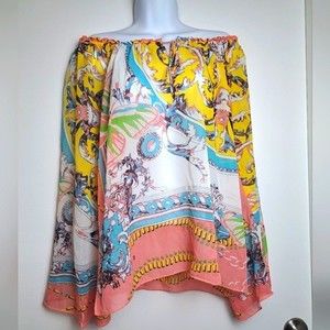 Madison Paige boho colorful sheer butterfly paisley off shoulder top sz large